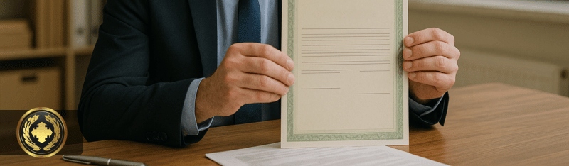 Um funcionário de cartório, com expressão séria e postura formal, segura uma certidão de óbito em um ambiente profissional