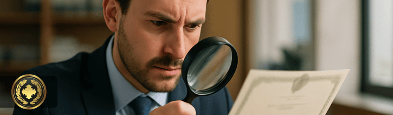 certidão de óbito com dados errados Funcionário de cartório analisa atentamente uma certidão com uma lupa em um ambiente interno iluminado, transmitindo foco e seriedade no processo de verificação documental.