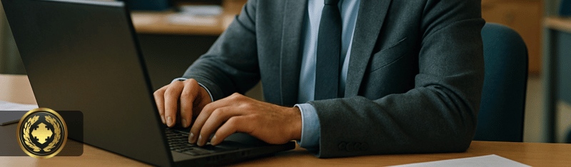 Funcionário público concentrado trabalhando em seu computador em um ambiente de escritório organizado e iluminado naturalmente.
