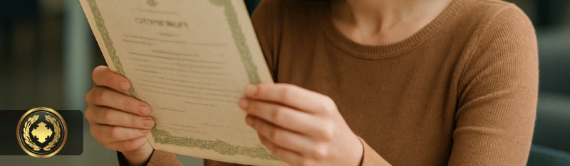 Uma mulher observa atentamente uma certidão em suas mãos, em um ambiente interno iluminado por luz natural, transmitindo concentração e curiosidade