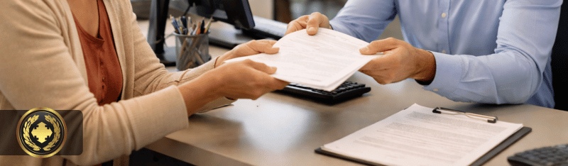 Pessoa entrega documentos a um funcionário da Previdência Social em um ambiente interno organizado e bem iluminado, com expressão cordial entre ambos