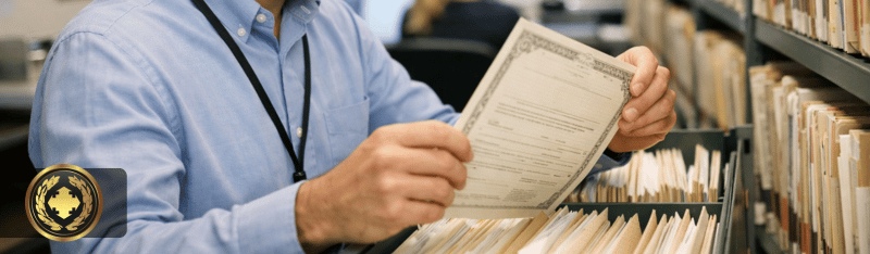 Imagem realista de um funcionário de cartório analisando uma certidão retirada de um arquivo, em meio a estantes organizadas com documentos. O ambiente é interno, com iluminação suave e natural, enquadramento em plano médio e ângulo levemente lateral, transmitindo um contexto profissional e institucional.