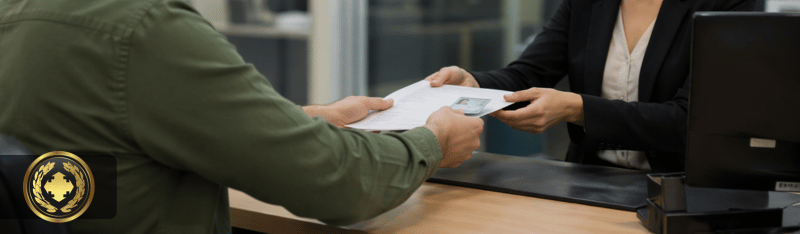 Pessoa entrega documentos e um CPF para uma atendente em balcão de cartório, em ambiente interno moderno, com iluminação suave e enquadramento lateral, destacando a interação formal e realista entre ambos.