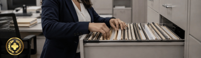 Funcionária de cartório busca um documento em uma gaveta de arquivos, em um ambiente institucional organizado e com iluminação natural.