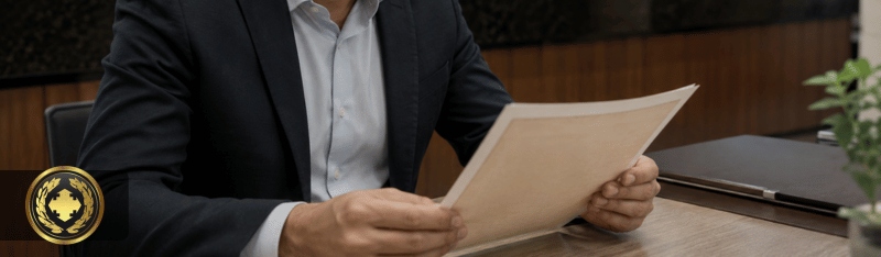 Funcionário de cartório analisa uma certidão com atenção em um ambiente institucional moderno, transmitindo seriedade, profissionalismo e cuidado na conferência do documento.