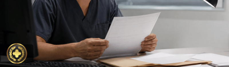 como retificar atestado de óbito Funcionário de hospital analisando atentamente um atestado de óbito em um ambiente administrativo, com expressão séria e iluminação suave, transmitindo cuidado, responsabilidade e contexto institucional.