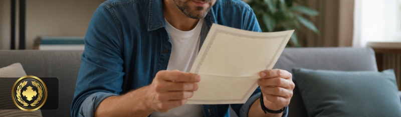 Homem em casa analisando atentamente uma certidão, em um ambiente confortável e bem iluminado, transmitindo concentração e curiosidade