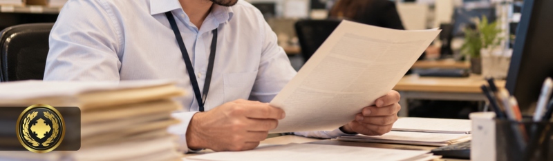 Funcionário de cartório analisando um documento em mãos, sentado em sua mesa em um ambiente de escritório organizado, com iluminação suave e aparência institucional.